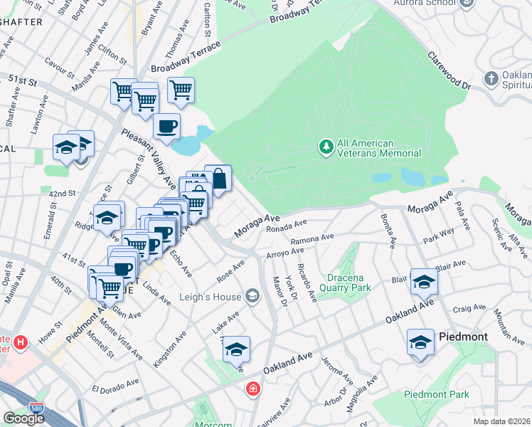 map of restaurants, bars, coffee shops, grocery stores, and more near 4509 Moraga Avenue in Piedmont