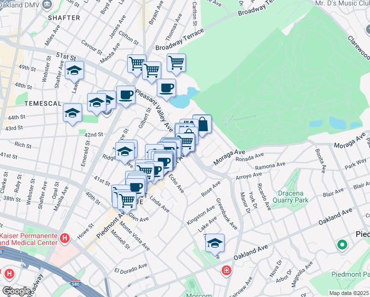map of restaurants, bars, coffee shops, grocery stores, and more near 4395 Piedmont Avenue in Oakland