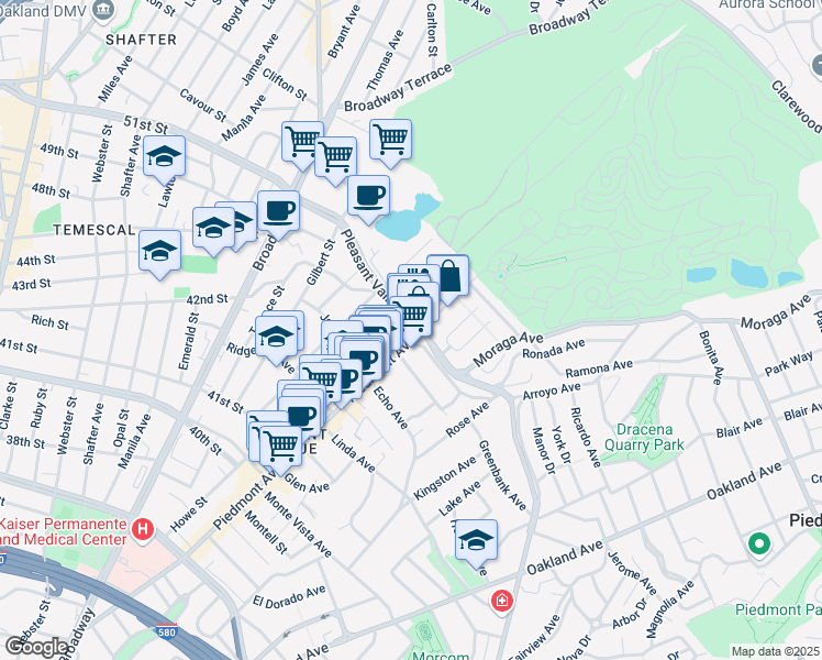 map of restaurants, bars, coffee shops, grocery stores, and more near 4395 Piedmont Avenue in Oakland