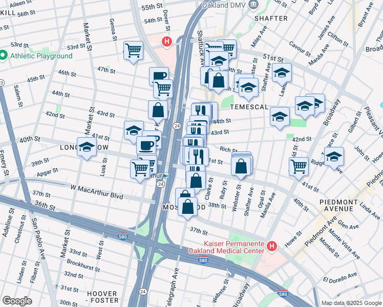 map of restaurants, bars, coffee shops, grocery stores, and more near 4013 Telegraph Avenue in Oakland