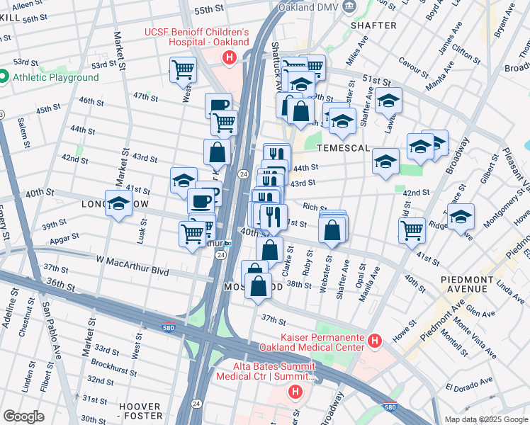 map of restaurants, bars, coffee shops, grocery stores, and more near 4013 Telegraph Avenue in Oakland