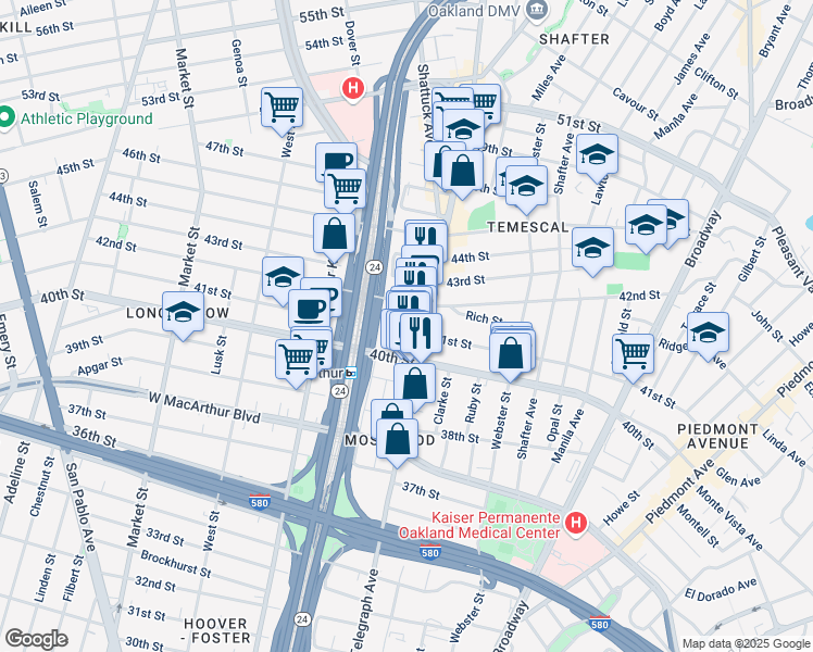 map of restaurants, bars, coffee shops, grocery stores, and more near 4013 Telegraph Avenue in Oakland