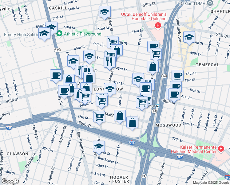 map of restaurants, bars, coffee shops, grocery stores, and more near 863 40th Street in Oakland