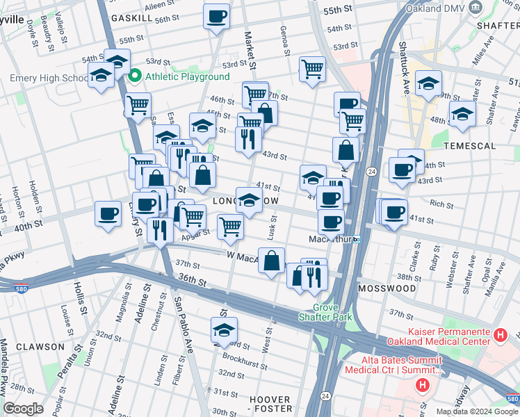 map of restaurants, bars, coffee shops, grocery stores, and more near 863 40th Street in Oakland
