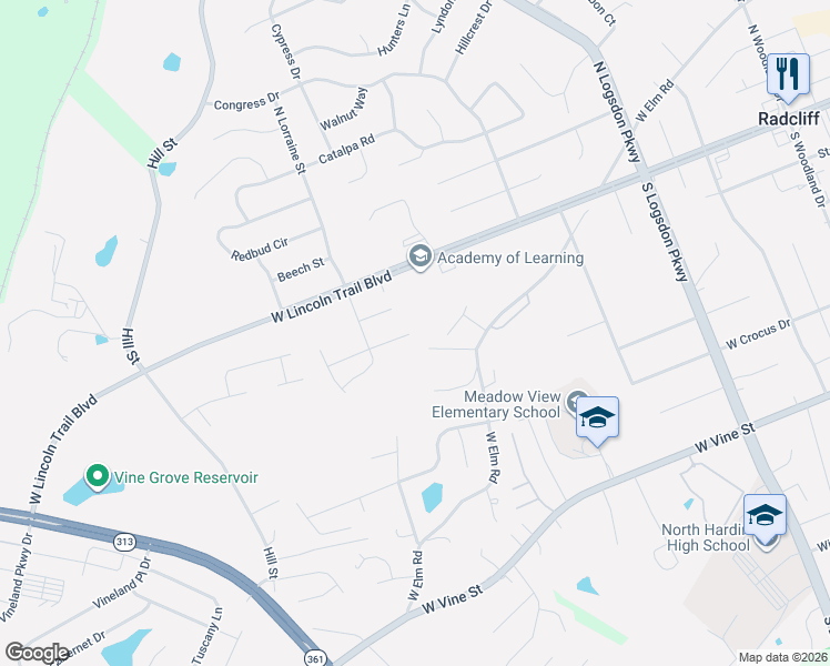 map of restaurants, bars, coffee shops, grocery stores, and more near 131 Ash Court in Radcliff