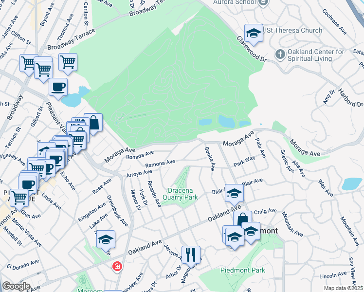 map of restaurants, bars, coffee shops, grocery stores, and more near 23 Estrella Avenue in Piedmont