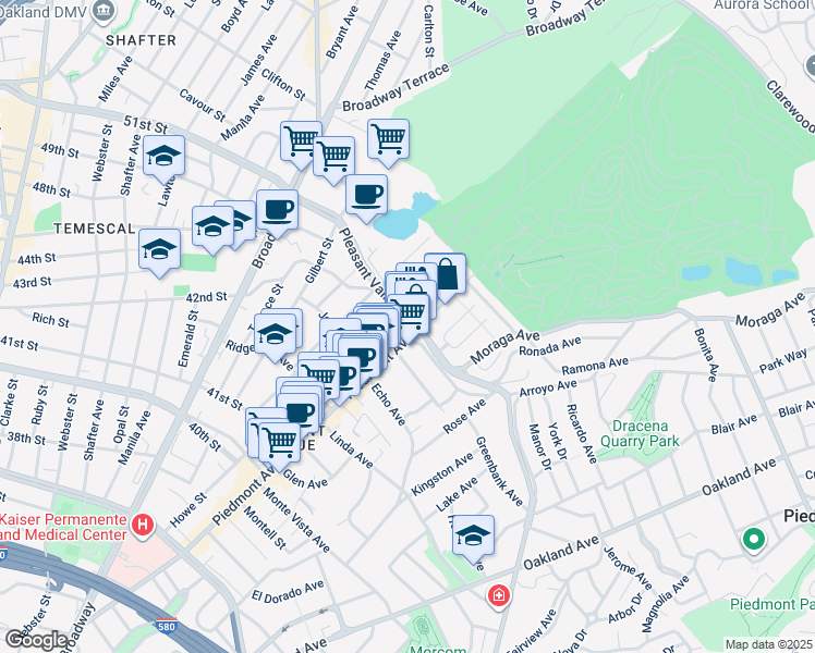 map of restaurants, bars, coffee shops, grocery stores, and more near 4341 Piedmont Avenue in Oakland