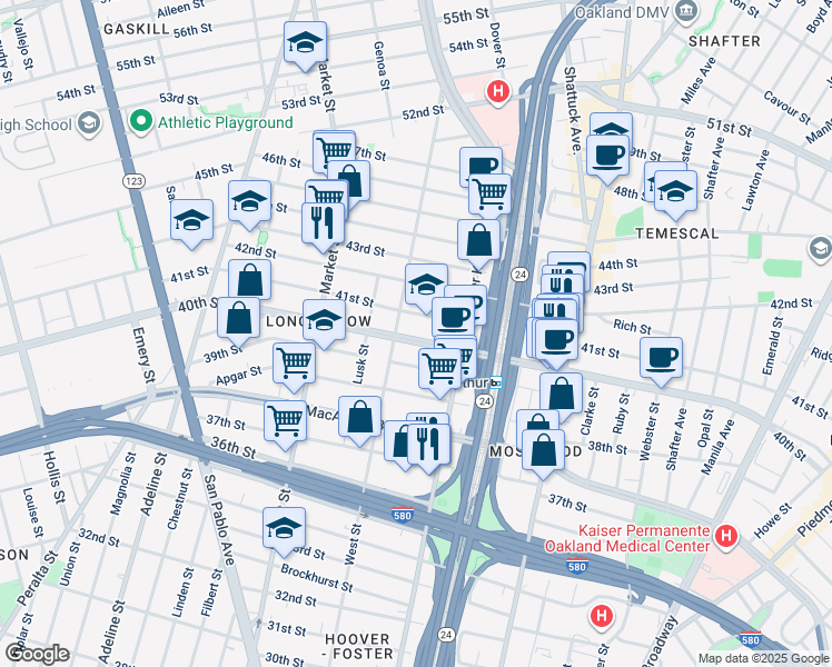 map of restaurants, bars, coffee shops, grocery stores, and more near 710 40th Street in Oakland