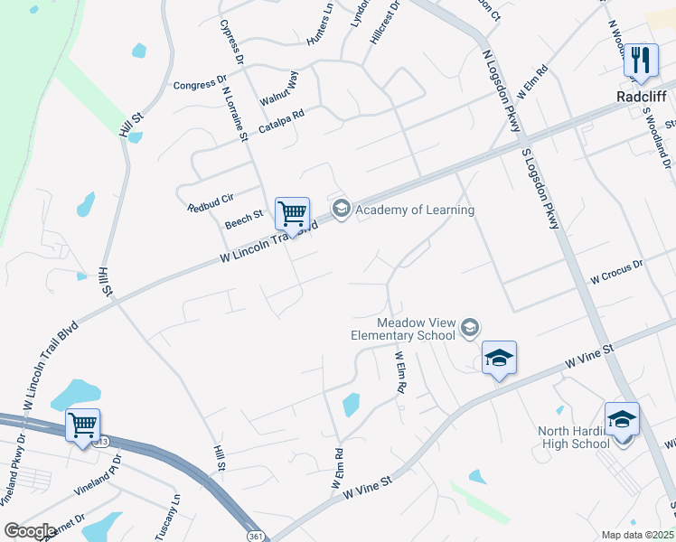 map of restaurants, bars, coffee shops, grocery stores, and more near 131 Ash Court in Radcliff