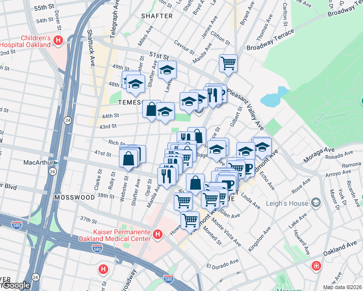 map of restaurants, bars, coffee shops, grocery stores, and more near 4170 Emerald Street in Oakland