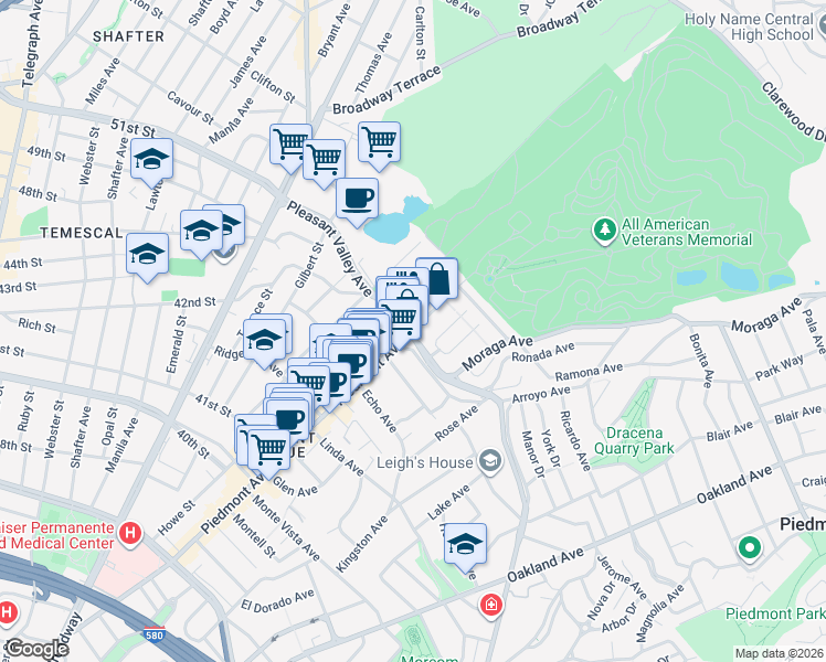 map of restaurants, bars, coffee shops, grocery stores, and more near 4400 Piedmont Avenue in Oakland