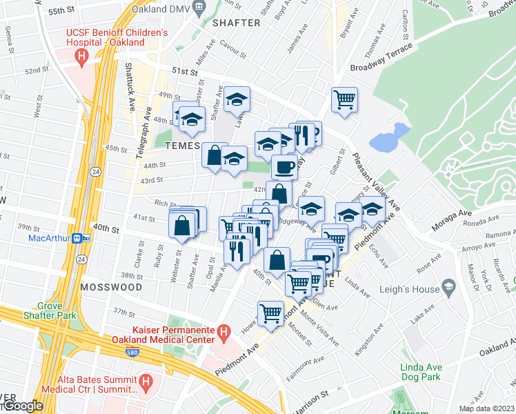 map of restaurants, bars, coffee shops, grocery stores, and more near 4160 Emerald Street in Oakland