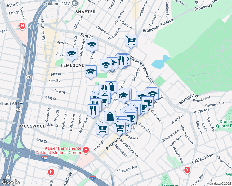 map of restaurants, bars, coffee shops, grocery stores, and more near 4215 Terrace Street in Oakland