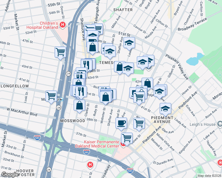 map of restaurants, bars, coffee shops, grocery stores, and more near 4150 Webster Street in Oakland