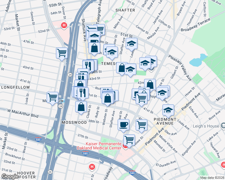 map of restaurants, bars, coffee shops, grocery stores, and more near 4150 Webster Street in Oakland