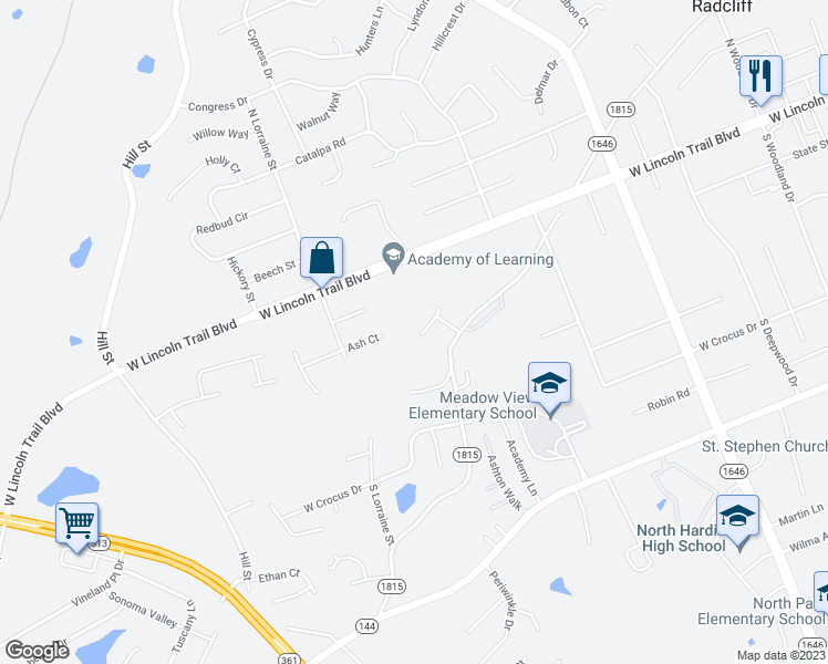 map of restaurants, bars, coffee shops, grocery stores, and more near 122 Apple Court in Radcliff