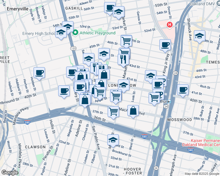 map of restaurants, bars, coffee shops, grocery stores, and more near 943 39th Street in Oakland