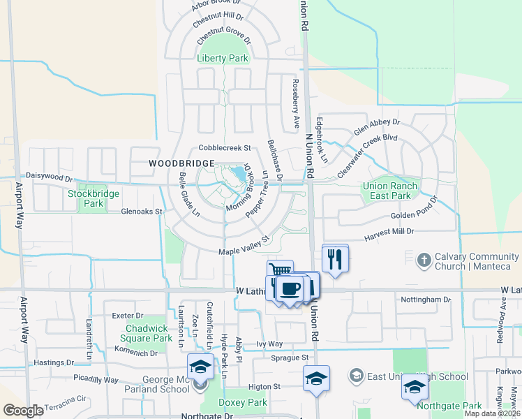 map of restaurants, bars, coffee shops, grocery stores, and more near 2325 Bellchase Drive in Manteca