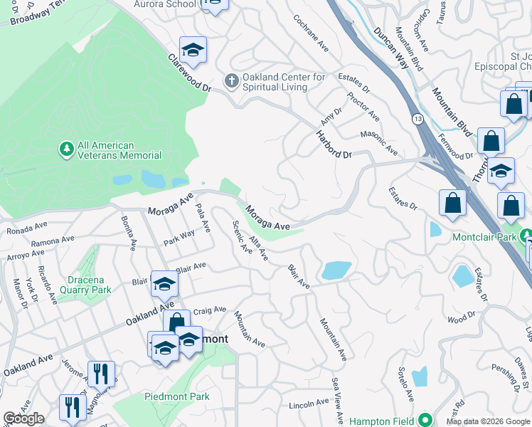 map of restaurants, bars, coffee shops, grocery stores, and more near 10 Echo Lane in Piedmont