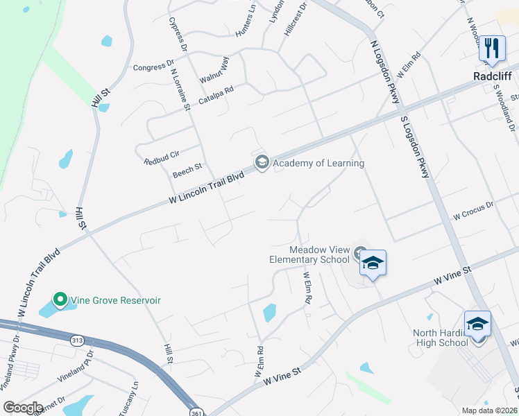 map of restaurants, bars, coffee shops, grocery stores, and more near 131 Ash Court in Radcliff