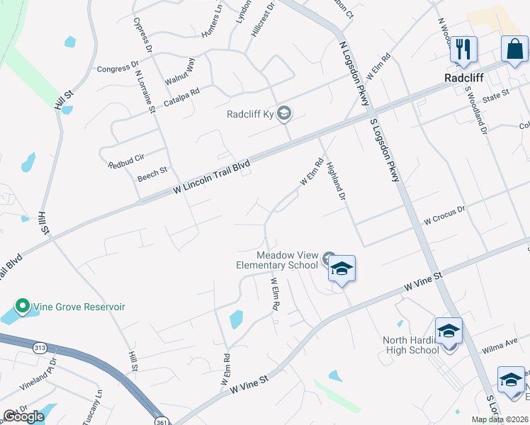 map of restaurants, bars, coffee shops, grocery stores, and more near 1438 Elm Road in Radcliff