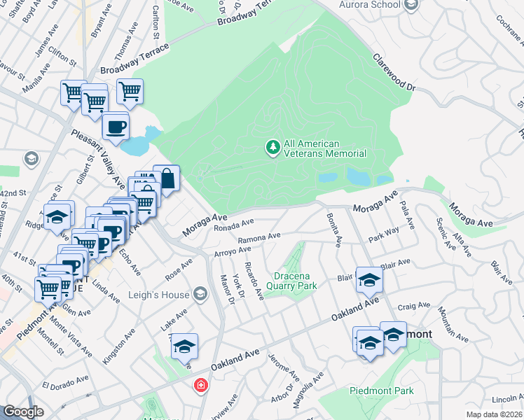 map of restaurants, bars, coffee shops, grocery stores, and more near 154 Moraga Avenue in Piedmont