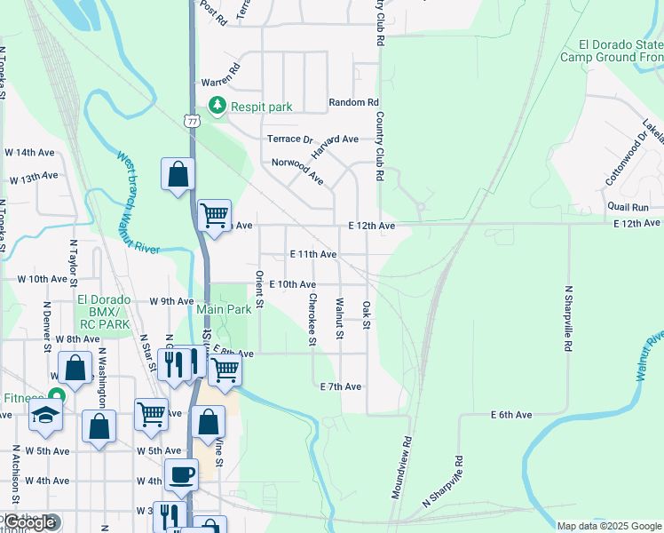 map of restaurants, bars, coffee shops, grocery stores, and more near 520 East 10th Avenue in El Dorado