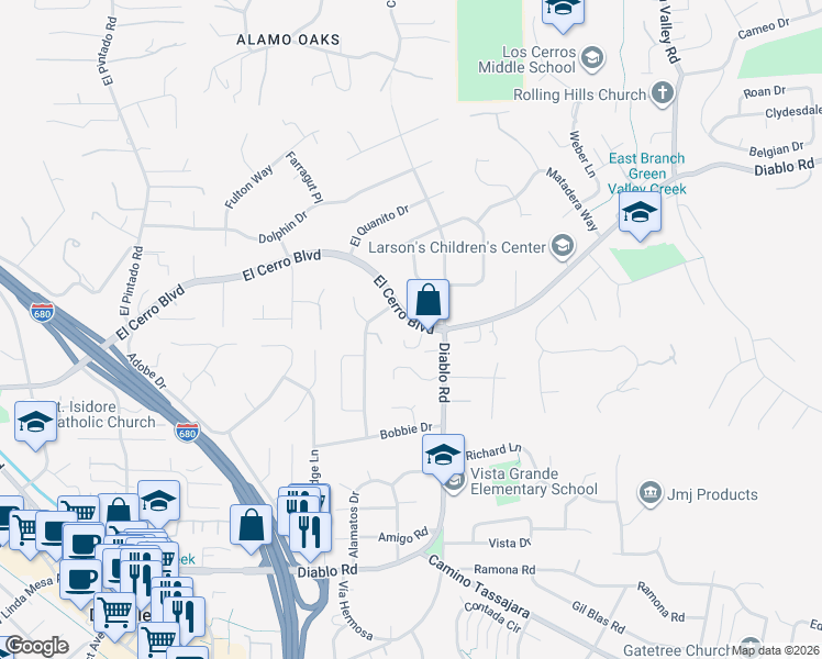 map of restaurants, bars, coffee shops, grocery stores, and more near 882 El Cerro Boulevard in Danville