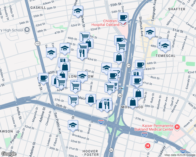 map of restaurants, bars, coffee shops, grocery stores, and more near 804 40th Street in Oakland