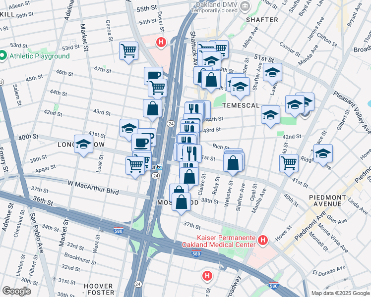 map of restaurants, bars, coffee shops, grocery stores, and more near 4013 Telegraph Avenue in Oakland