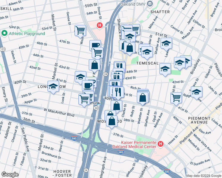 map of restaurants, bars, coffee shops, grocery stores, and more near 4013 Telegraph Avenue in Oakland