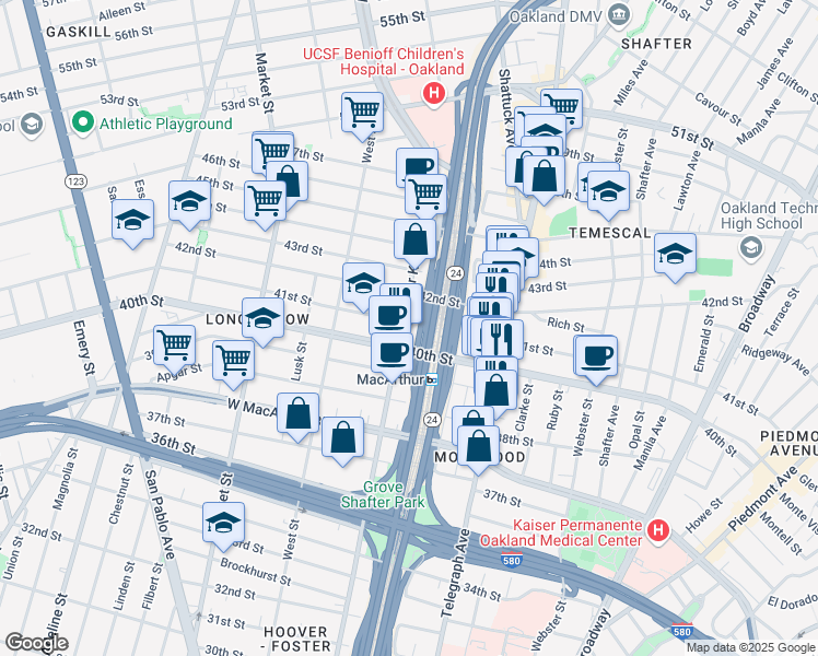 map of restaurants, bars, coffee shops, grocery stores, and more near 644 40th Street in Oakland
