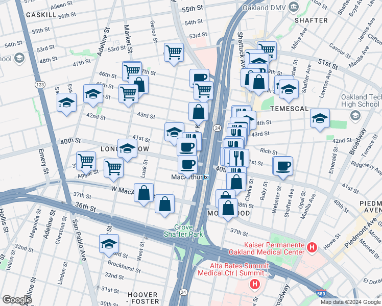 map of restaurants, bars, coffee shops, grocery stores, and more near 644 40th Street in Oakland