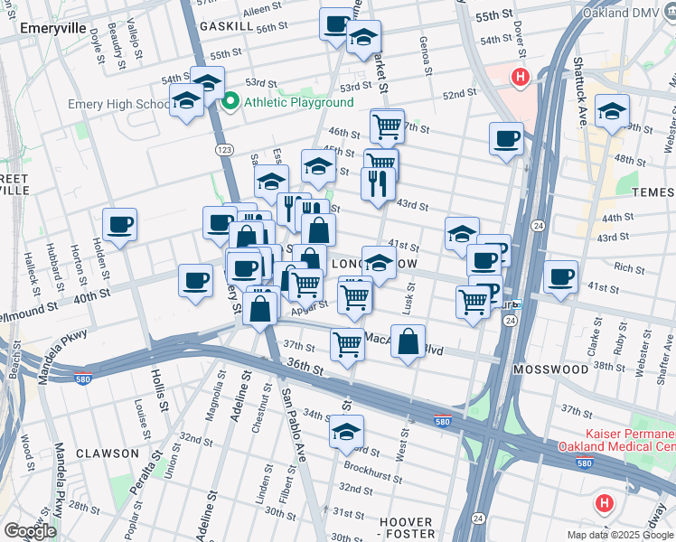 map of restaurants, bars, coffee shops, grocery stores, and more near 943 39th Street in Oakland