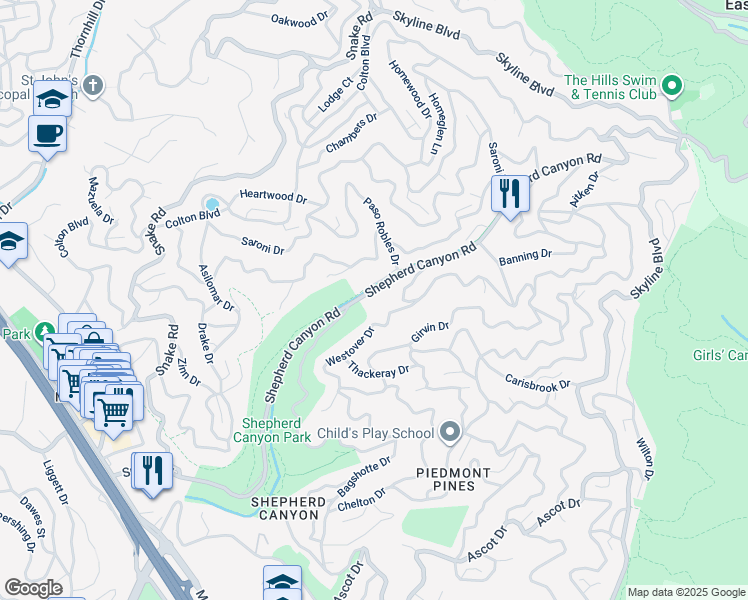 map of restaurants, bars, coffee shops, grocery stores, and more near 6340 Shepherd Canyon Road in Oakland