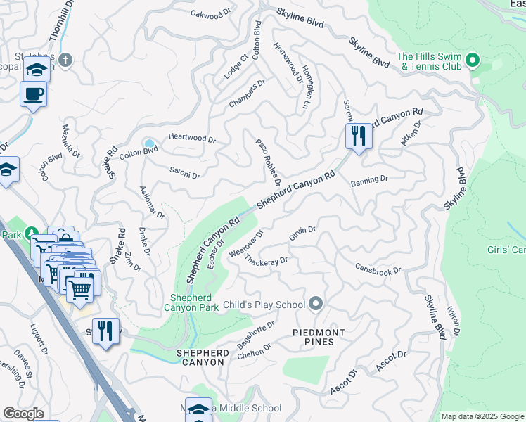 map of restaurants, bars, coffee shops, grocery stores, and more near 6340 Shepherd Canyon Road in Oakland