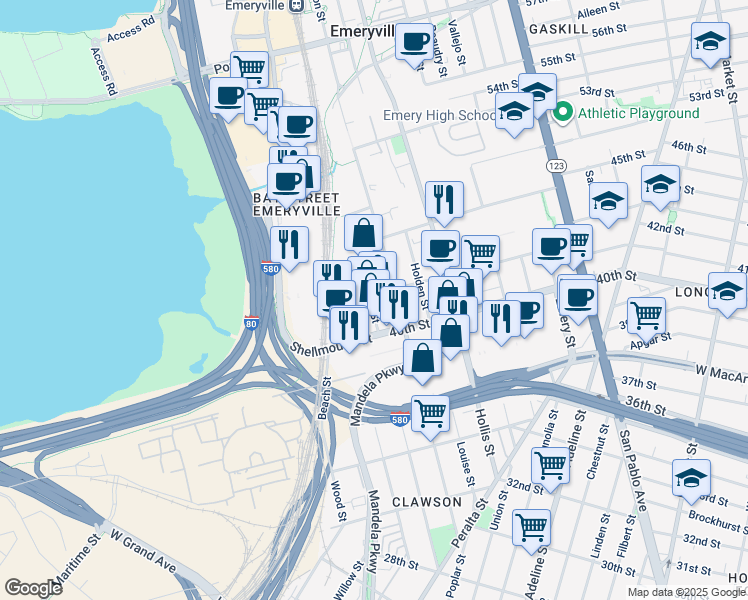 map of restaurants, bars, coffee shops, grocery stores, and more near 4510 Hubbard Street in Emeryville