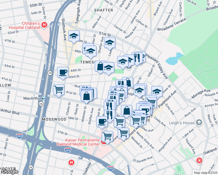 map of restaurants, bars, coffee shops, grocery stores, and more near 4141 Manila Avenue in Oakland