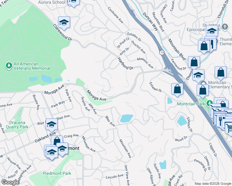 map of restaurants, bars, coffee shops, grocery stores, and more near 3 Maxwelton Road in Piedmont