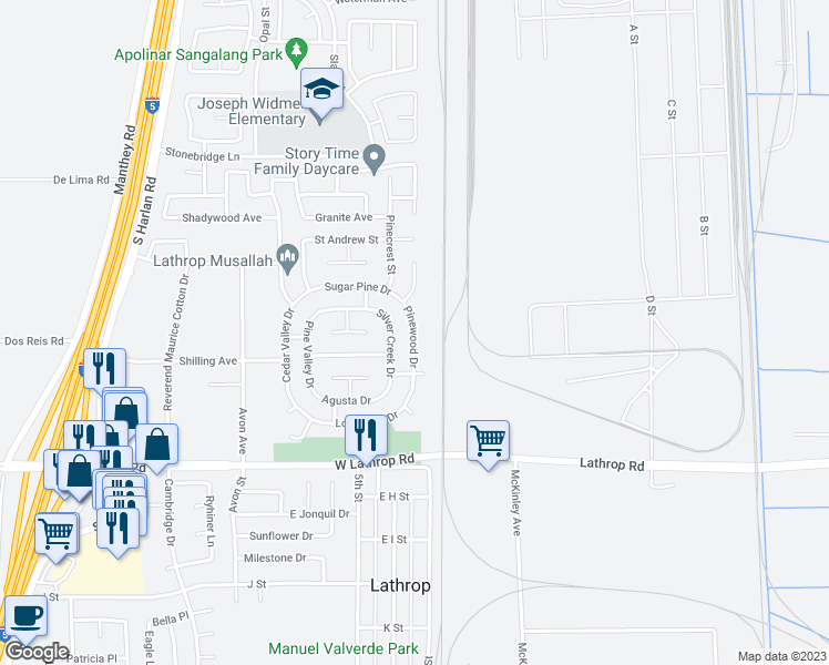 map of restaurants, bars, coffee shops, grocery stores, and more near 14321 Pinewood Drive in Lathrop