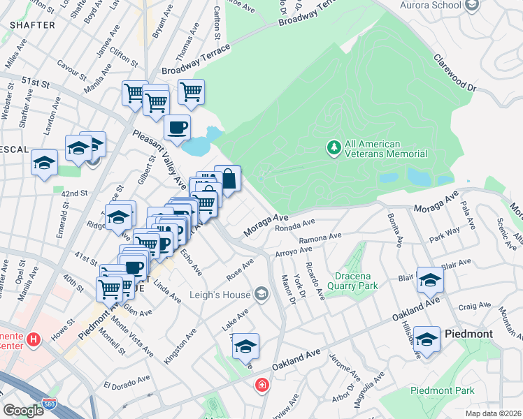 map of restaurants, bars, coffee shops, grocery stores, and more near 4471 Moraga Avenue in Piedmont