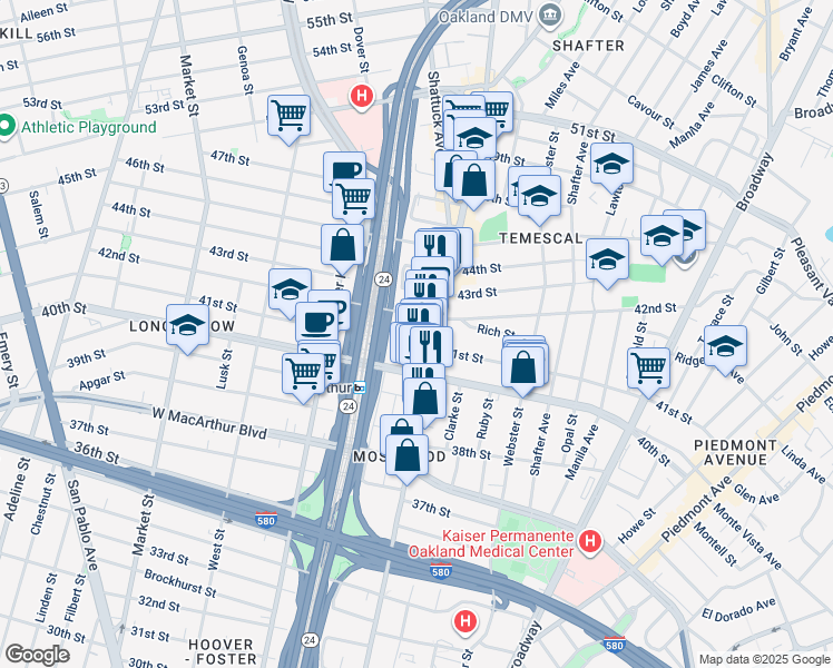 map of restaurants, bars, coffee shops, grocery stores, and more near 4013 Telegraph Avenue in Oakland