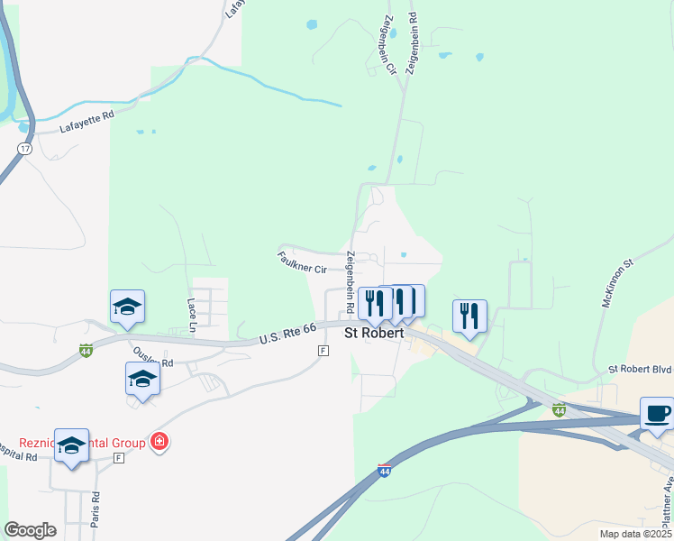 map of restaurants, bars, coffee shops, grocery stores, and more near 100 Faulkner Circle in Saint Robert