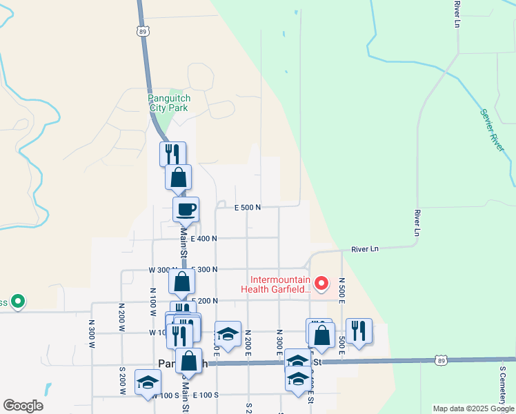 map of restaurants, bars, coffee shops, grocery stores, and more near East 500 North in Panguitch
