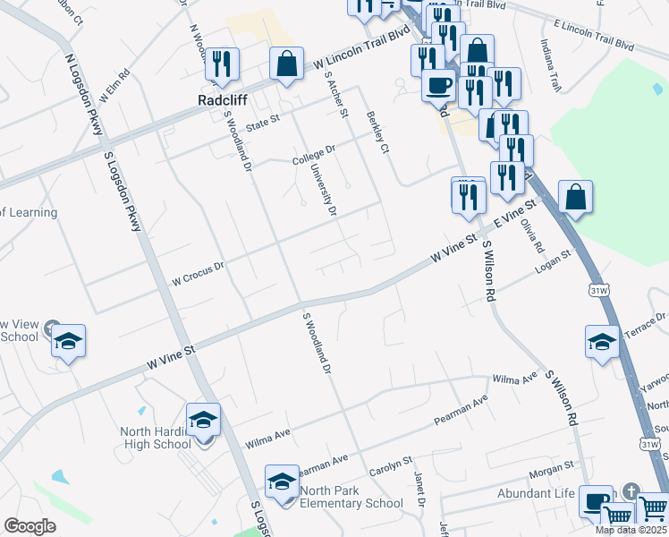 map of restaurants, bars, coffee shops, grocery stores, and more near 105 Naples Court in Radcliff