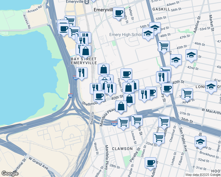 map of restaurants, bars, coffee shops, grocery stores, and more near 1501 Park Avenue in Emeryville
