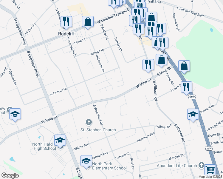 map of restaurants, bars, coffee shops, grocery stores, and more near 545 University Drive in Radcliff