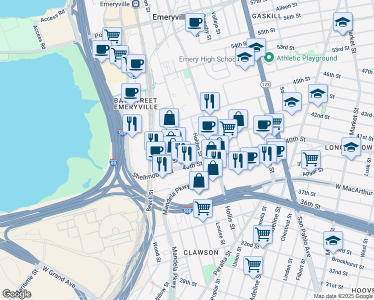 map of restaurants, bars, coffee shops, grocery stores, and more near 1433 Park Avenue in Emeryville
