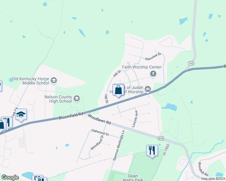 map of restaurants, bars, coffee shops, grocery stores, and more near 108 Countryside Drive in Bardstown
