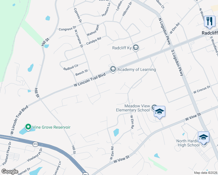 map of restaurants, bars, coffee shops, grocery stores, and more near 131 Ash Court in Radcliff